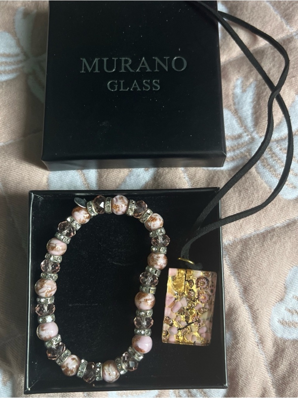 Murano Pink and Gold Foil Glass Pendant with Pink Bead Bracelet